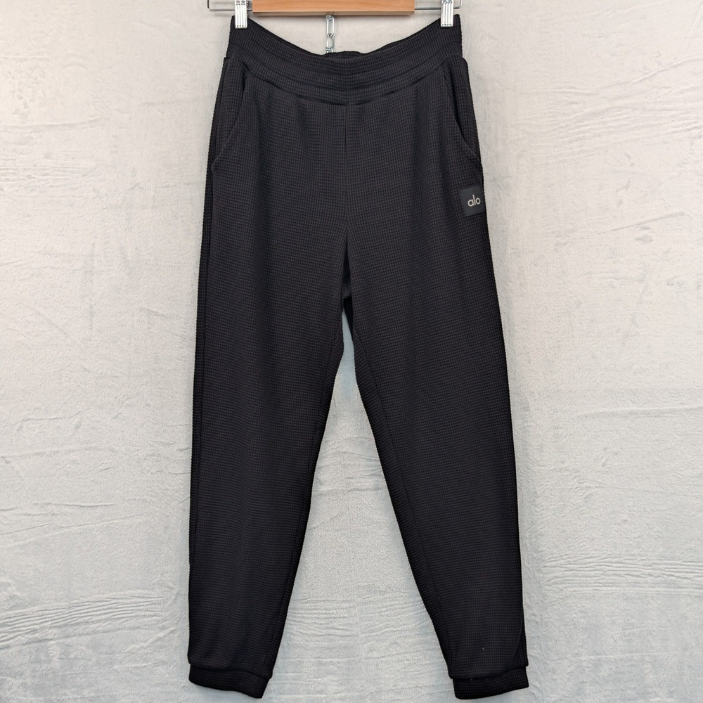 Alo Yoga Jogger Pants Women's M Black Waffle Knit Tapered Athletic Loungewear